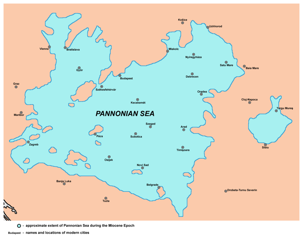 Návrh mapy Panónske more v období Miocenu (23,03 - 5,33 mil. rokov).